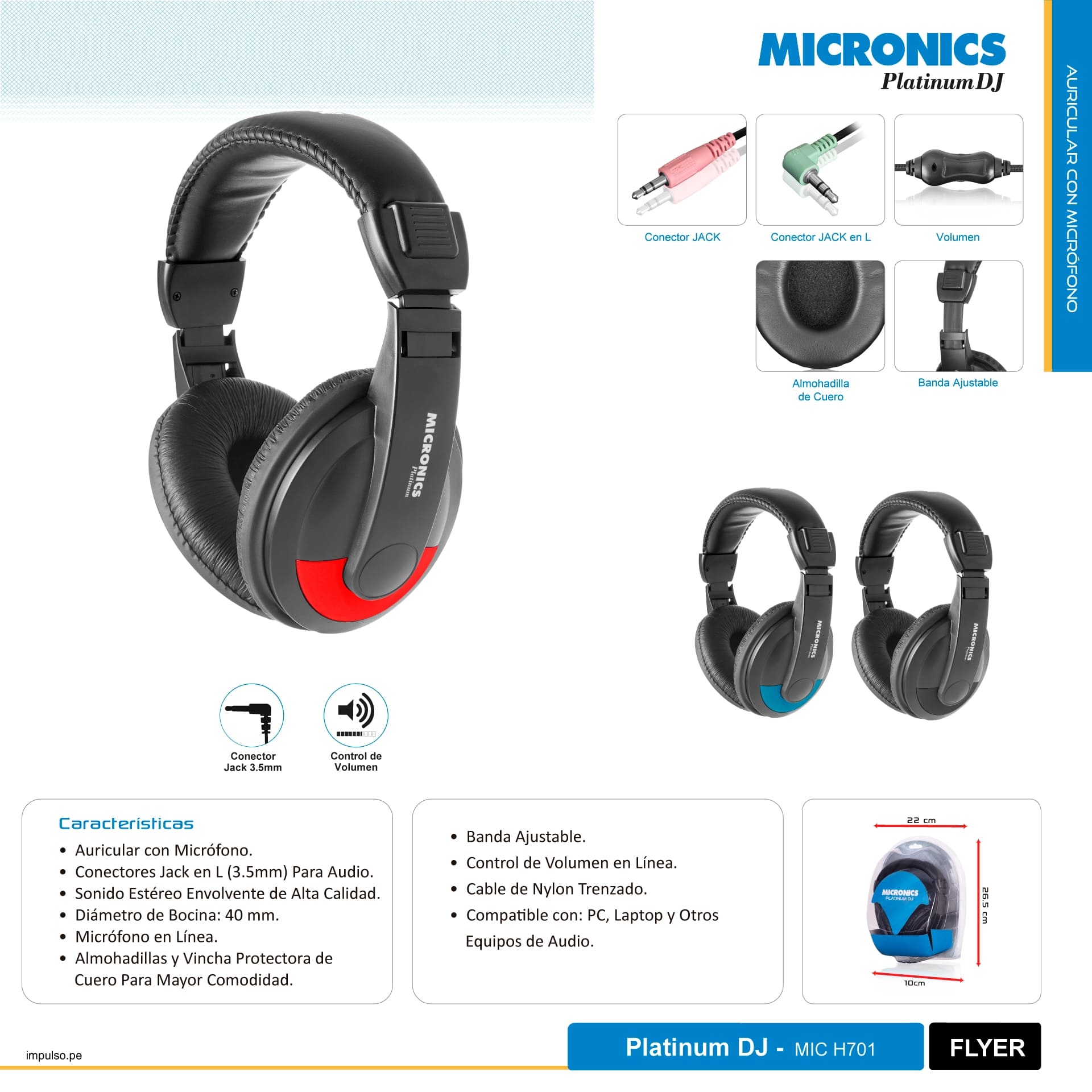 AURICULAR MICRONICS PLATINUM DJ MIC H701 CON MICRÓFONO, ESTÉREO Y CONTROL DE VOLUMEN - Imagen 4