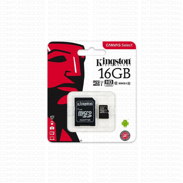 MEMORIA MICRO-SD KINGSTON SDCS/16GB CANVAS SELECT 16GB CON ADAPTADOR SD