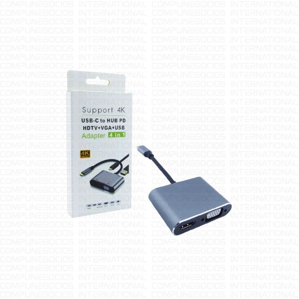 ADAPTADOR HUB 4 EN 1 TIPO USB-C A HDMI 4K VGA USB 3.0 PUERTO DE CARGA